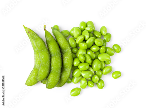 Green soy beans isolated on white background top view.