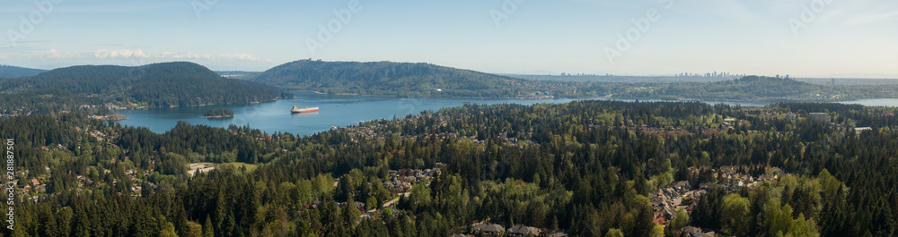 Aerial panoramic view of residential neighborhood in Deep Cove during a sunny day. Located in North Vancouver, British Columbia, Canada.