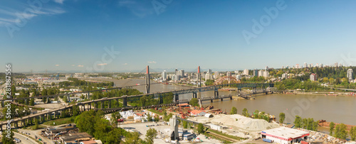 Aerial panoramic view of Industrial Site in Surrey near Pattullo Bridge. Taken in Greater Vancouver, British Columbia, Canada.