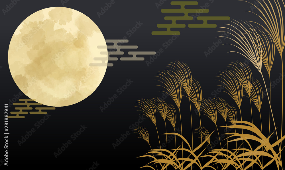 月 十五夜 月 スーパームーン すすき 9月 10月 和風 日本 日本風 和柄 和風 和 星 夜空 Stock ベクター Adobe Stock