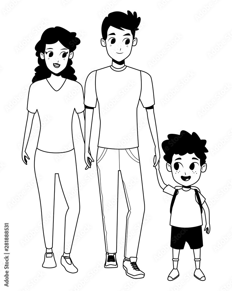Family young parents with children cartoon in black and white Family young parents with children cartoon in black and white