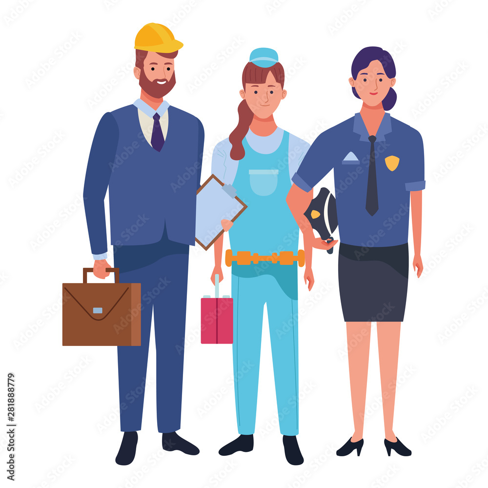 Professionals workers characters smiling cartoons Professionals workers characters smiling cartoons