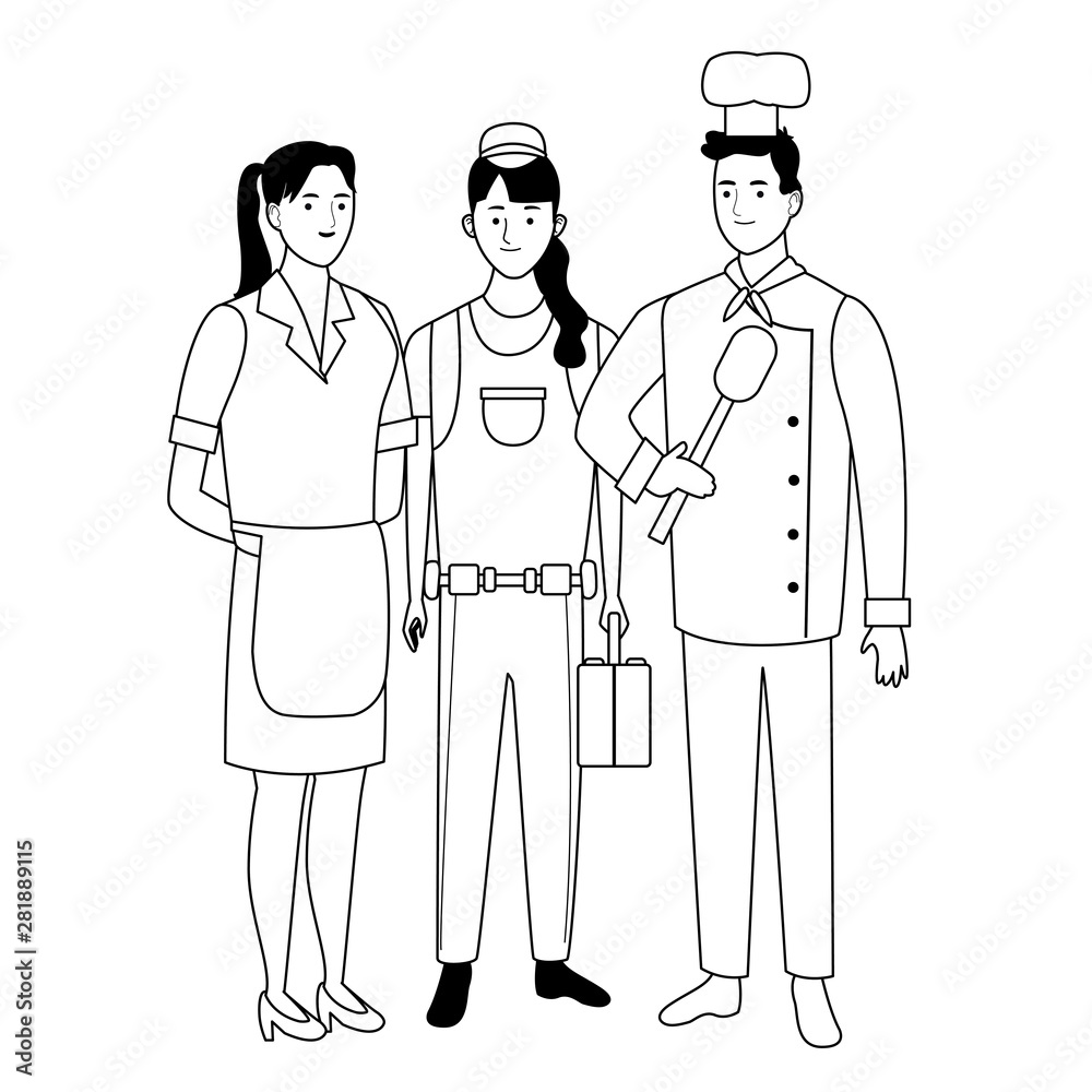 Professionals workers characters smiling cartoons in black and white Professionals workers characters smiling cartoons in black and white