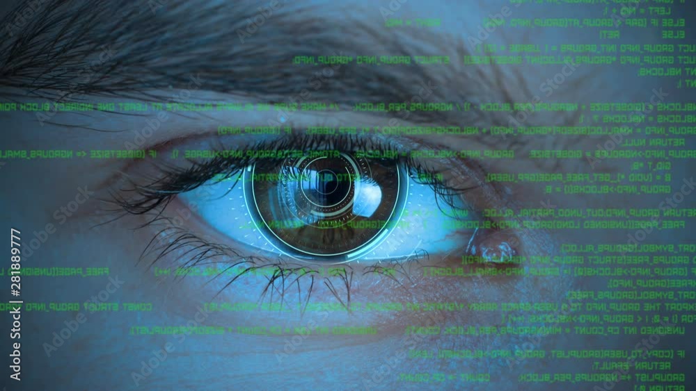 Human eye with futuristic vision system looking at the source program code. Concept for hacking and computer piracy, control and protection.
