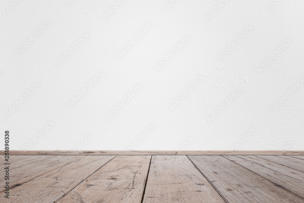 Empty interior room with white cement wall texture and brown wooden floor pattern. Concept interior vintage style Empty interior room with white cement wall texture and brown wooden floor pattern. Concept interior vintage style