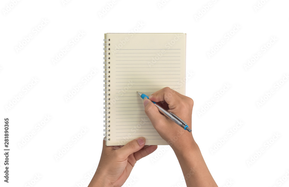Design concept, Hand with pen writing blank in a notebook isolated on white background. with clipping path Design concept, Hand with pen writing blank in a notebook isolated on white background. with clipping path