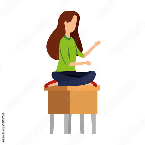 elegant businesswoman seated in bench with lotus position