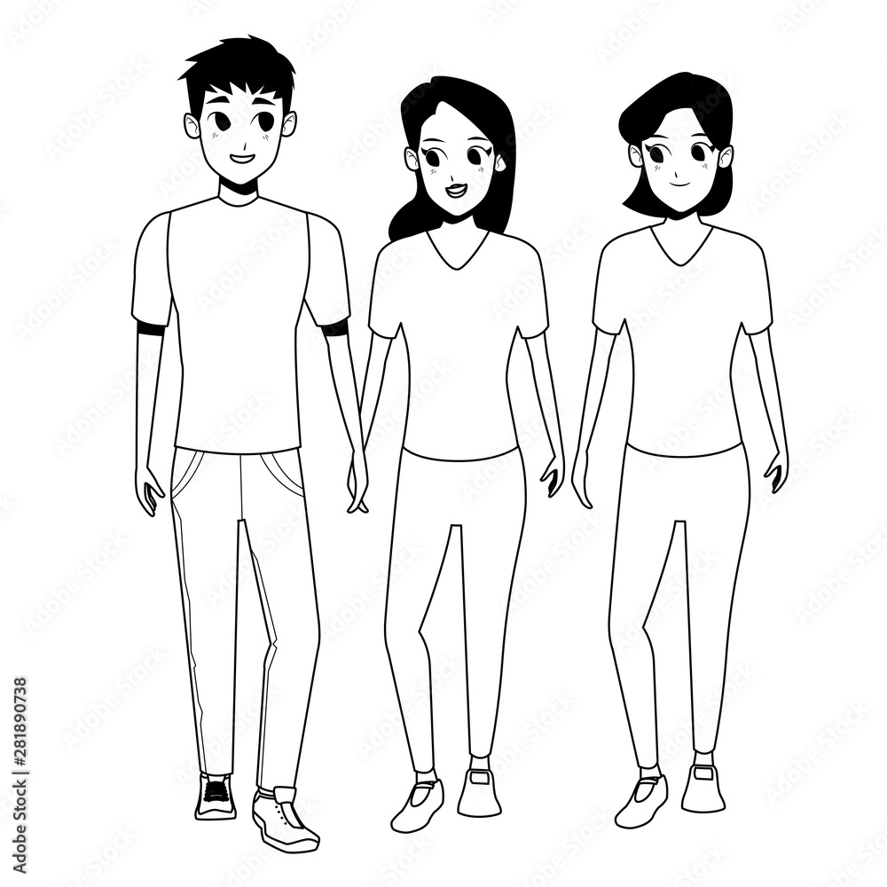 Young friends smiling with casual clothes cartoons in black and white Young friends smiling with casual clothes cartoons in black and white
