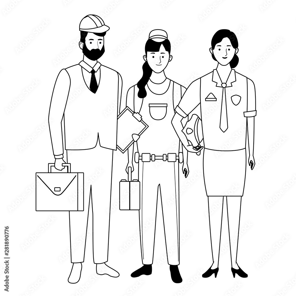 Professionals workers characters smiling cartoons in black and white