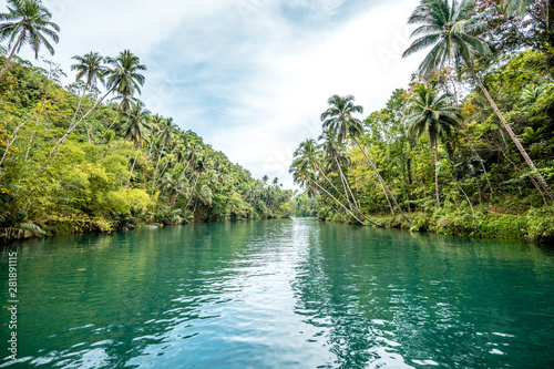 Bohol Loboc river cruise on Philippines. Palms, cloudy sky, hills photo