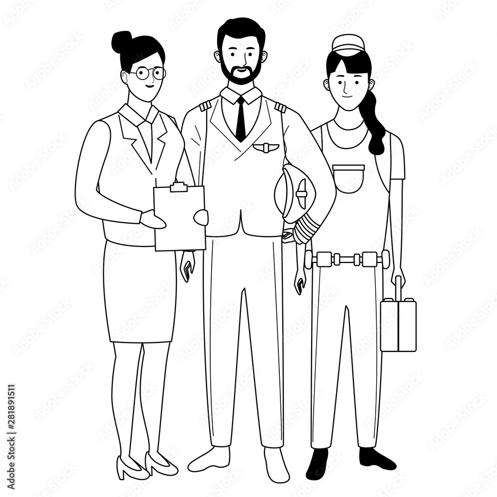 Professionals workers characters smiling cartoons in black and white