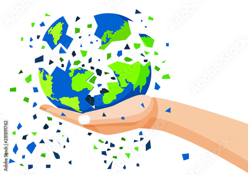 earth in human hand and broke destroy on white background illustration vector 