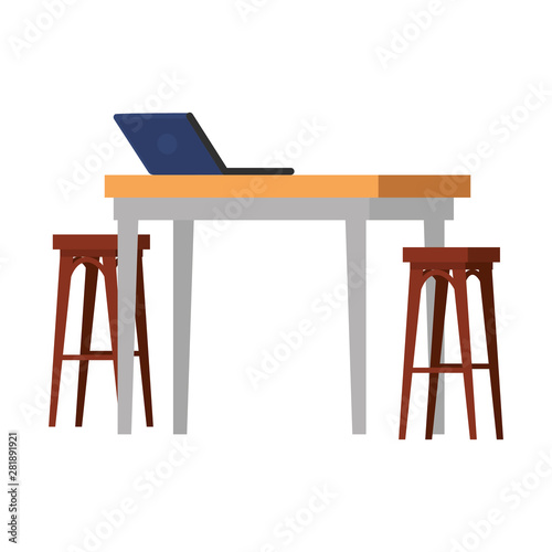 wooden benchs with table and laptop
