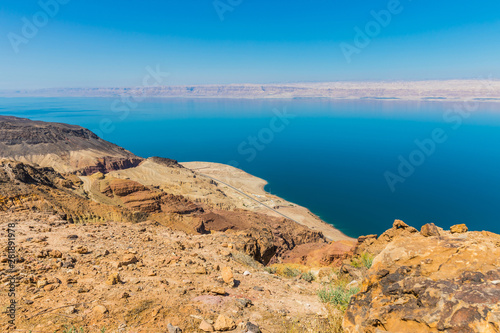 Views of the Dead Sea coast near the Panorama Dead Sea Complex in Jordan. 