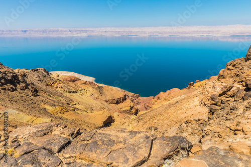 View from the Zara trail, near the Panorama Dead Sea Complex in Jordan. Zara Cliff Walk offers stunning views of the Dead Sea coast.