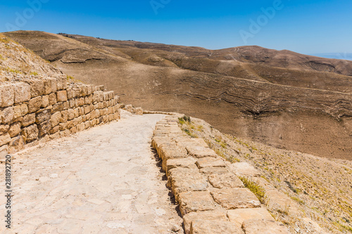 View from the way to the top of Machaerus near the Dead Sea in Jordan. It is the location of the imprisonment and execution of John the Baptist.  photo