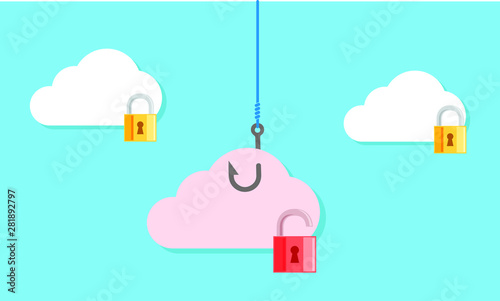 Vector illustration of cloud security and cloud phishing concept. Secure and unsecure cloud. Data breach. Data leakages. System hacked. 