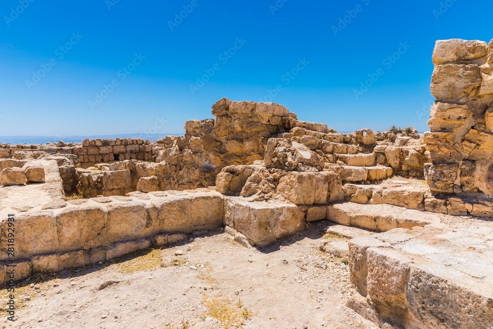 The ruined fortress on  top of Machaerus near the Dead Sea in Jordan. It is the location of the imprisonment and execution of John the Baptist. 