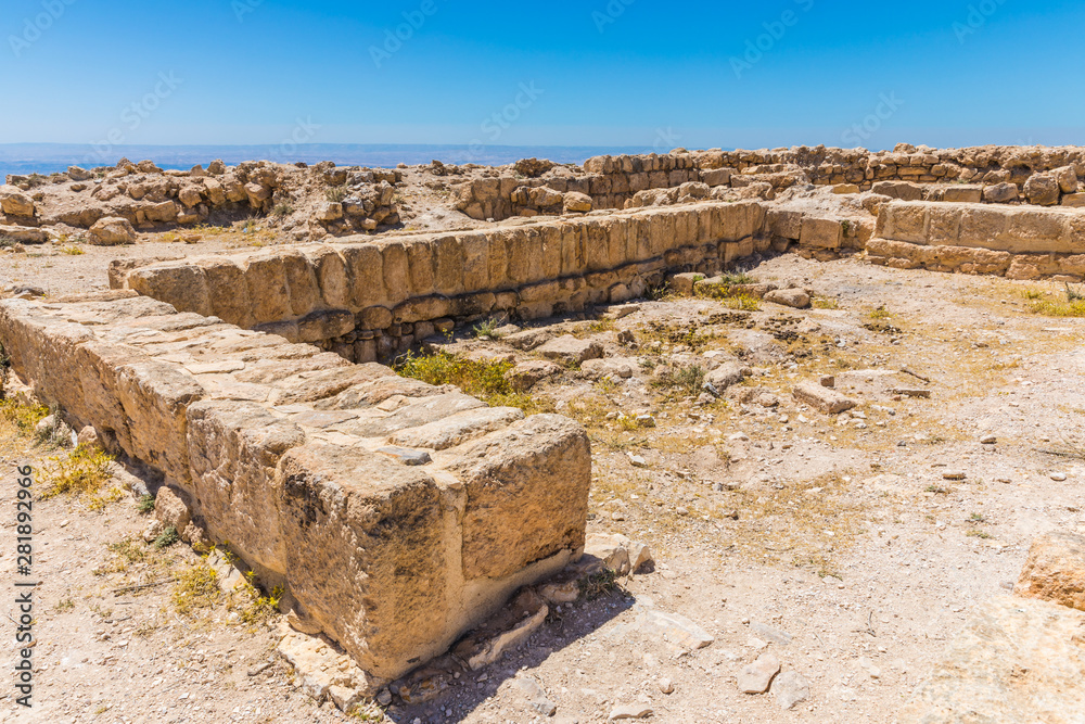 The ruined fortress on  top of Machaerus near the Dead Sea in Jordan. It is the location of the imprisonment and execution of John the Baptist. 