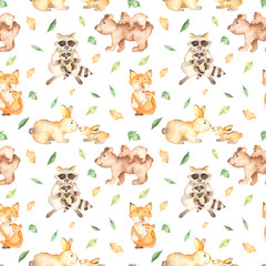 Crédence de cuisine Lapin patrons Watercolor seamless pattern with cute mother and baby fox, rabbits, bear, raccoon. Texture for wallpaper, packaging, paper, prints, fabric.  © MarinaErmakova