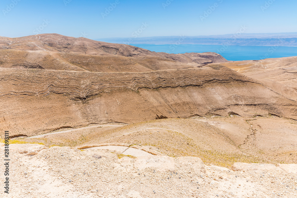 View from the way to the top of Machaerus near the Dead Sea in Jordan. It is the location of the imprisonment and execution of John the Baptist. 