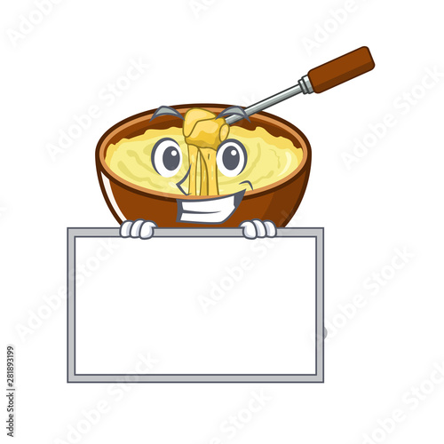 Grinning with board cheese fondue isolated in the character