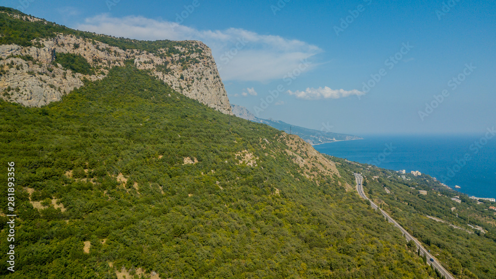 Crimea trip: view from drone of curvy mountain road