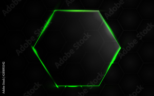 Abstract black background with hexagon frame transparent glass effect a combination with light neon border. Layer layout space on for text and background design