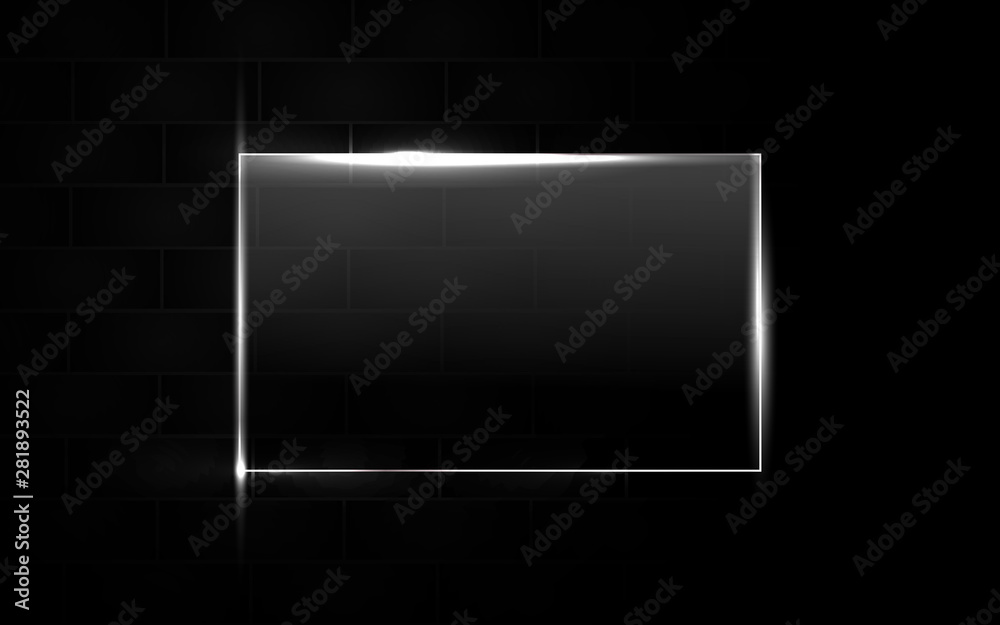 Abstract black background with square frame transparent glass effect a combination with light neon border. Layer  layout space on for text and background design