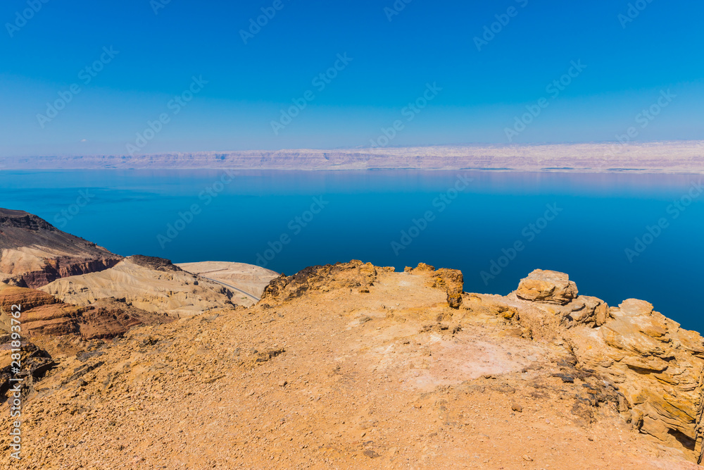 Views of the Dead Sea coast near the Panorama Dead Sea Complex in Jordan. 