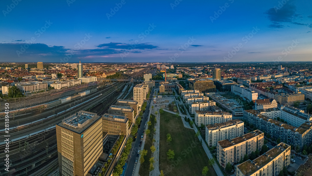 Munich with offices from above view in the morning.