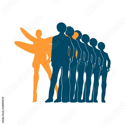 Special standing out from the crowd. Human differences. Woman with dragonfly wings
