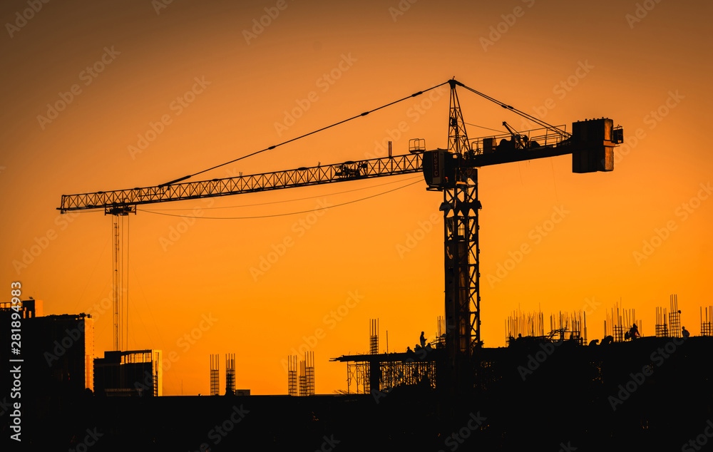 Construction site with people,silhouette style and far shoot.