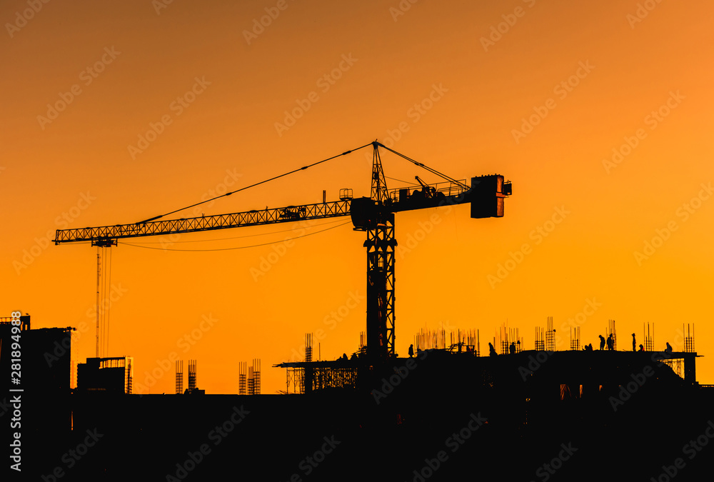 Construction site with people,silhouette style and far shoot.