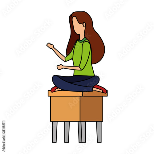 elegant businesswoman seated in bench with lotus position