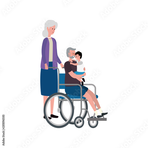 cute grandparents couple with grandson in wheelchair