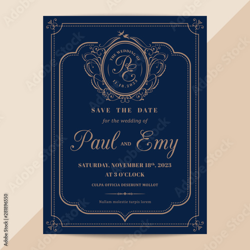 Classic vintage wedding invitation card with copper color border and frame on dark navy blue background