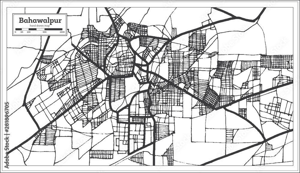 Bahawalpur Pakistan City Map in Retro Style in Black and White Color. Outline Map.