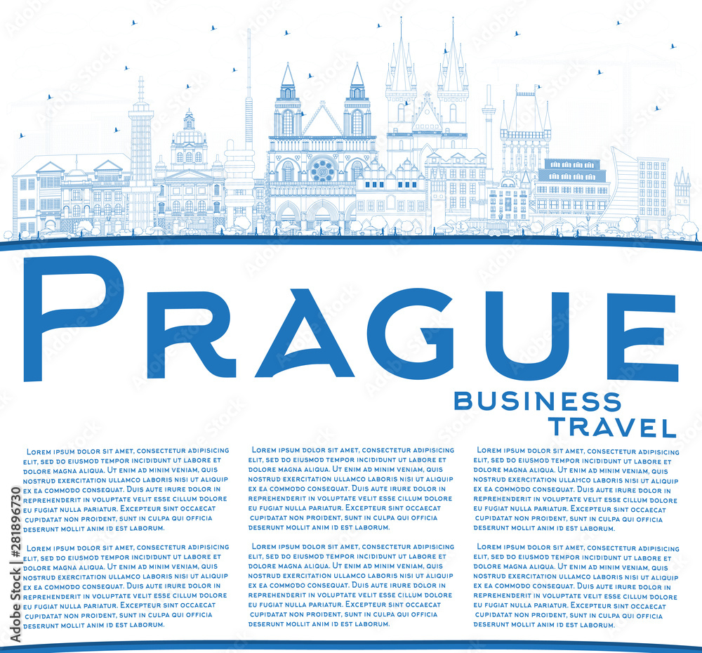 Outline Prague Czech Republic City Skyline with Blue Buildings and Copy Space.