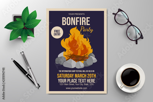 bonfire party flyer template vector