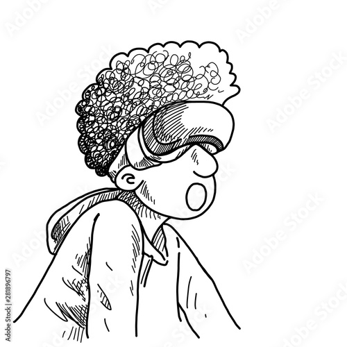 hand drawn schoolchildren boy using virtual reality headset