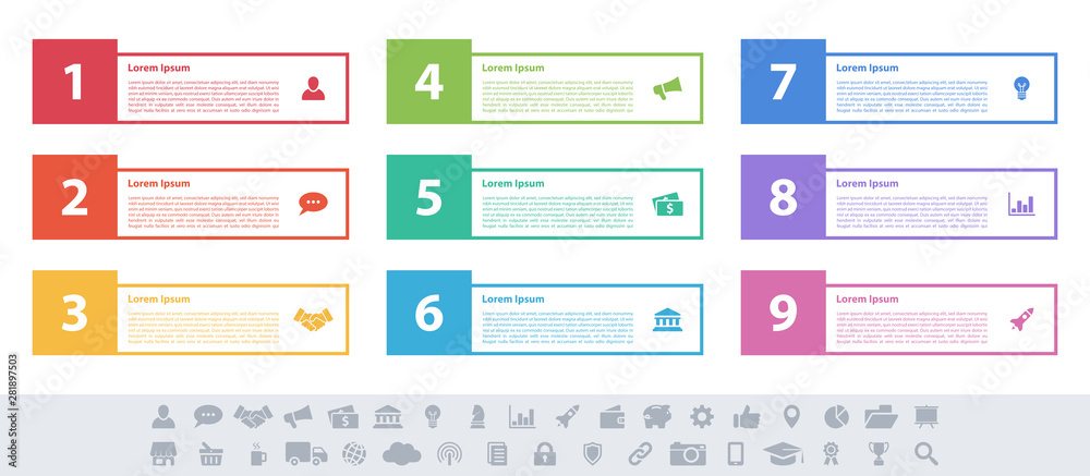 Infographic design business concept vector illustration with 9 steps or options or processes represent work flow or diagram or web button banner Infographic design business concept vector illustration with 9 steps or options or processes represent work flow or diagram or web button banner