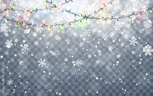 Christmas snow. Falling white snowflakes on dark background. Xmas Color garland, festive decorations. Glowing christmas lights. Vector snowfall, snowflakes flying in winter air