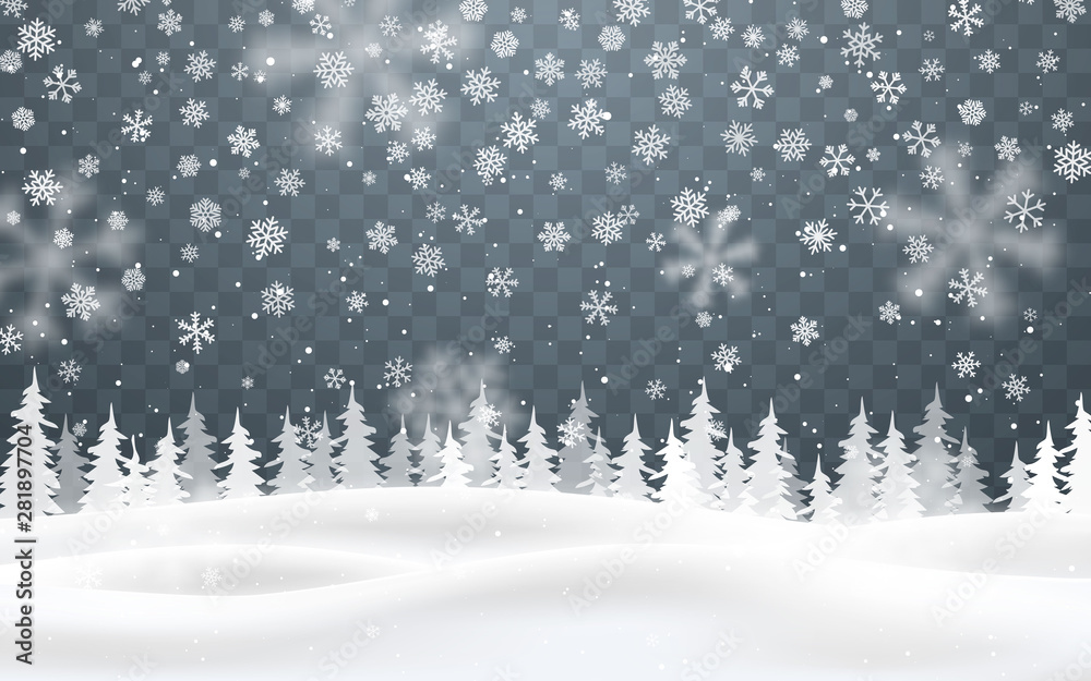 Christmas background of falling snow. Winter night. Xmas card design vector illustration