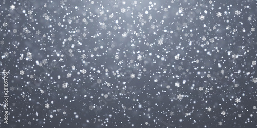 Christmas snow. Falling snowflakes on blue background. Snowfall. Vector illustration