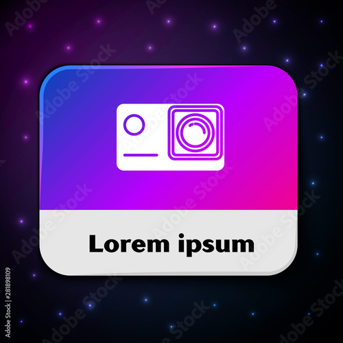 White Action extreme camera icon isolated on black background. Video camera equipment for filming extreme sports. Rectangle color button. Vector Illustration
