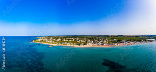 Aerial view, public beach by the sea, Spiaggiabella Beach,, Torre Rinalda, Lecce, Apulia, Italy