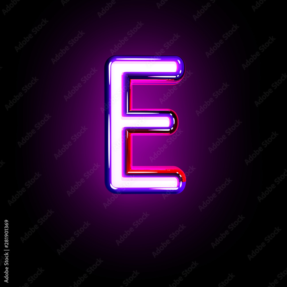 Purple glow neon font - letter E isolated on black background, 3D illustration of symbols Purple glow neon font - letter E isolated on black background, 3D illustration of symbols