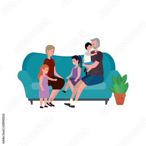 cute grandparents couple with little kids in the sofa