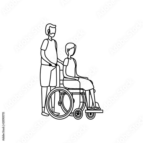 cute grandparents couple in wheelchair